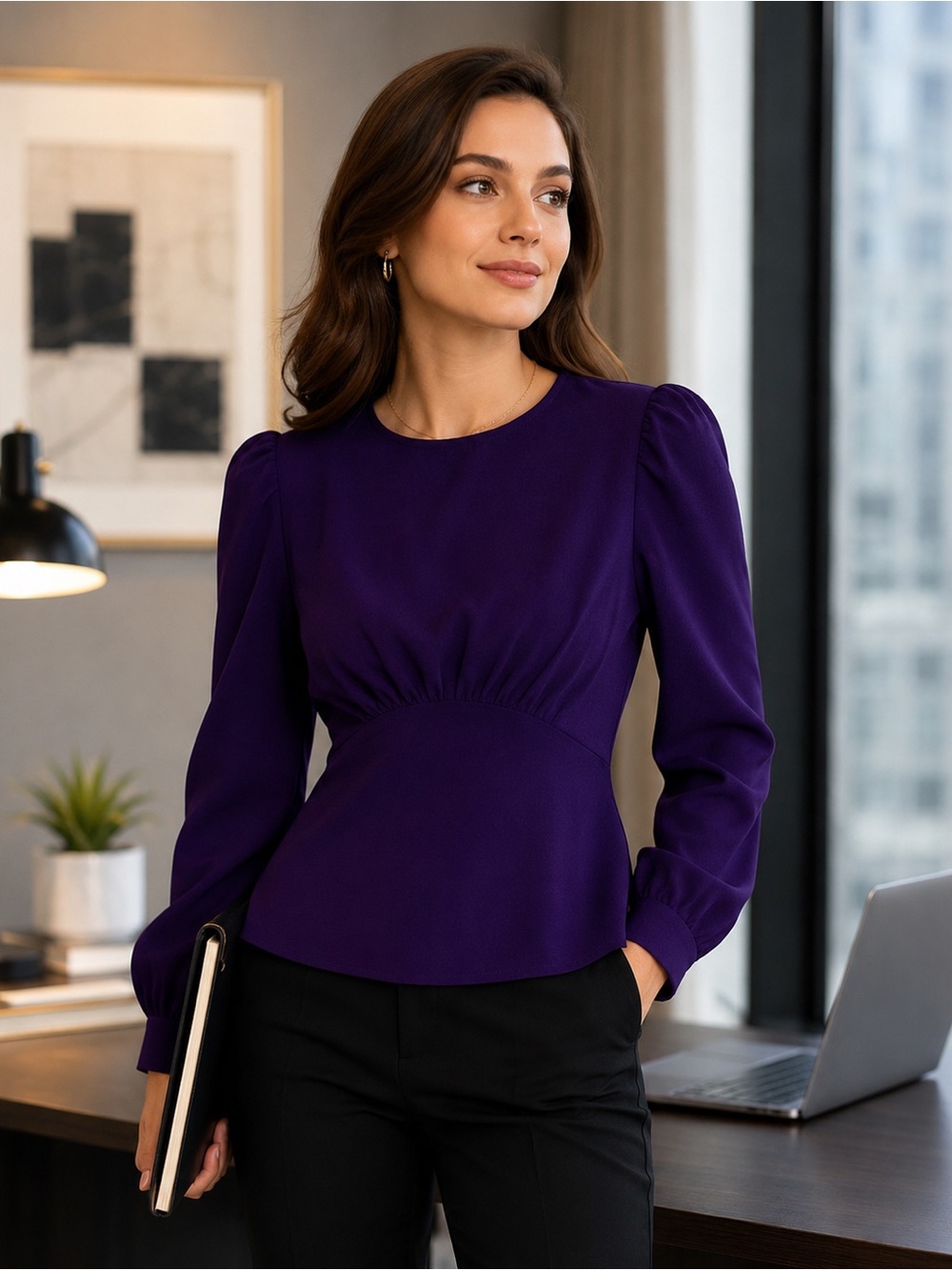Express Women’s Long Puff Sleeve Peplum Office Wear Chic Blouse – Purple Size M